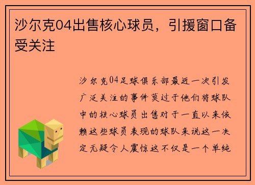 沙尔克04出售核心球员，引援窗口备受关注